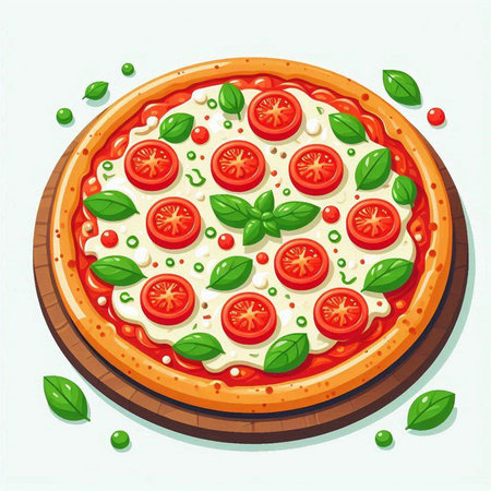 Pizza with mozzarella, tomatoes and basil. Vector illustrationのイラスト素材