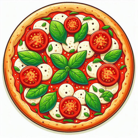 Pizza with mozzarella, tomato and basil. Vector illustration.のイラスト素材