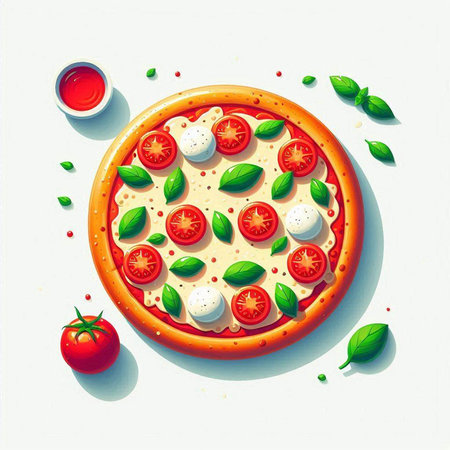 Pizza with mozzarella, tomatoes and basil. Vector illustration.のイラスト素材