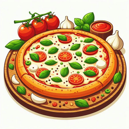 Illustration of a pizza with tomatoes and basil on a white backgroundのイラスト素材