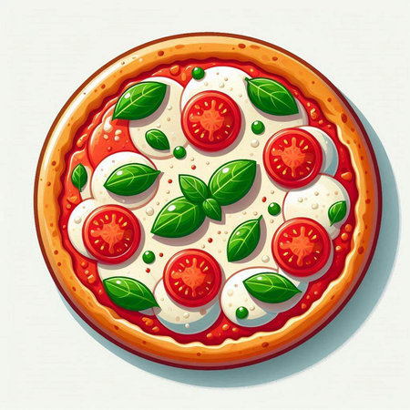 Pizza with mozzarella, tomatoes and basil. Vector illustration.のイラスト素材