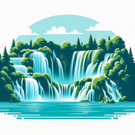 Waterfall in the forest. Waterfall on the river. Vector illustration.のイラスト素材