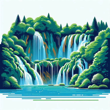 Waterfall in the forest. Illustration on a white background.のイラスト素材