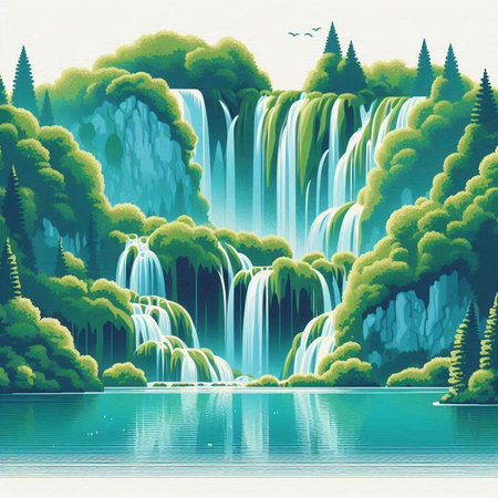 Waterfall with green forest on the background. Vector illustration. Eps 10のイラスト素材