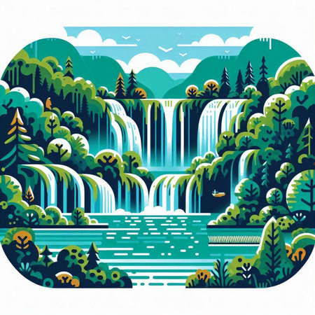 Waterfall in the forest. Vector illustration in a flat style.のイラスト素材