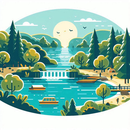 Landscape with river, forest and lake. Vector illustration in flat styleのイラスト素材