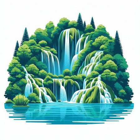 Waterfall in the forest on a white background. Vector illustration.のイラスト素材