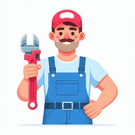 Plumber in work clothes with wrench. Vector illustration in cartoon styleのイラスト素材