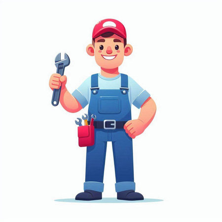 Cartoon mechanic man holding wrench and screwdriver. Vector illustration in flat styleのイラスト素材