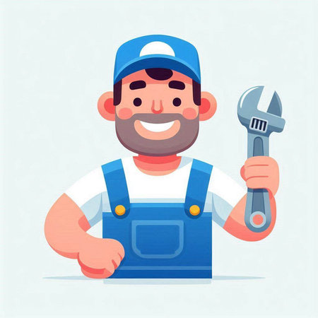 Repairman in overalls with wrench. Vector illustration in cartoon styleのイラスト素材