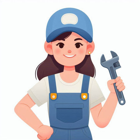 Female mechanic in overalls and cap with wrench. Vector illustration.のイラスト素材