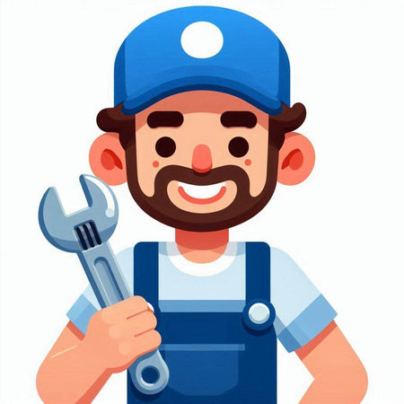 Plumber with a wrench in his hands. Vector illustration in cartoon style.のイラスト素材