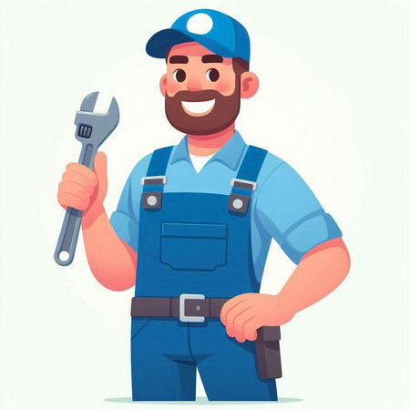 Plumber in overalls holding wrench. Vector illustration in cartoon styleのイラスト素材