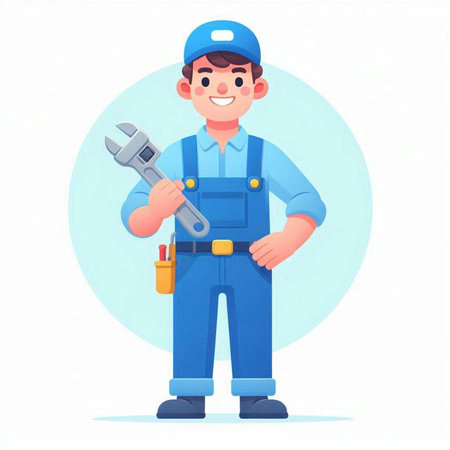 Plumber in uniform with wrench. Vector illustration in cartoon style.のイラスト素材