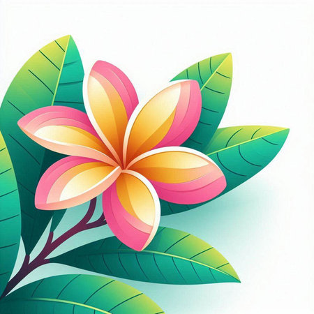 Frangipani flower with green leaves on white background. Vector illustration.のイラスト素材