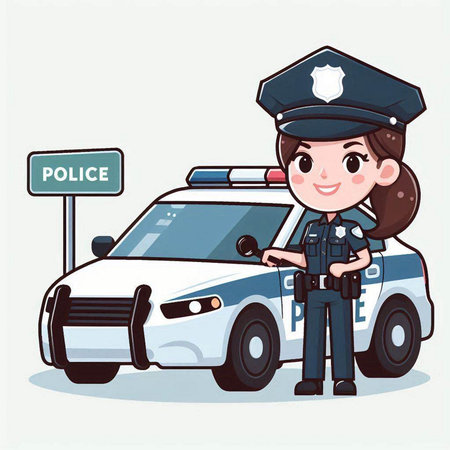 Police woman and police car, police car. Cartoon vector illustration.のイラスト素材