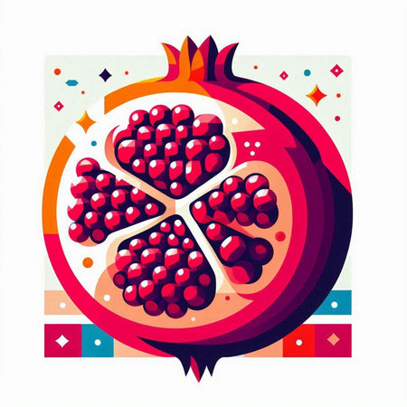 Pomegranate fruit on colorful geometric background. Vector illustration.のイラスト素材