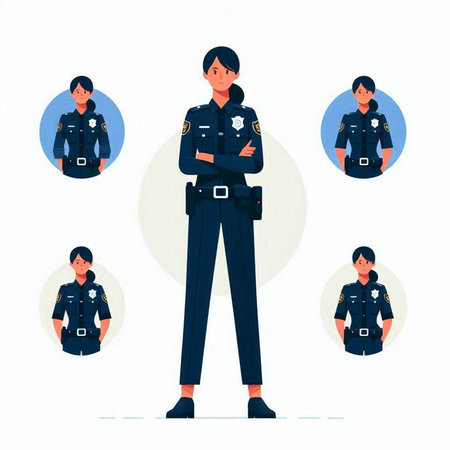 Female police officer. Set of female police officers. Vector illustration.のイラスト素材