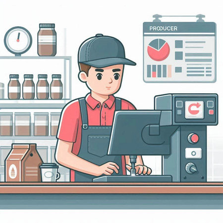 Coffee shop worker using a coffee machine. Vector illustration.のイラスト素材