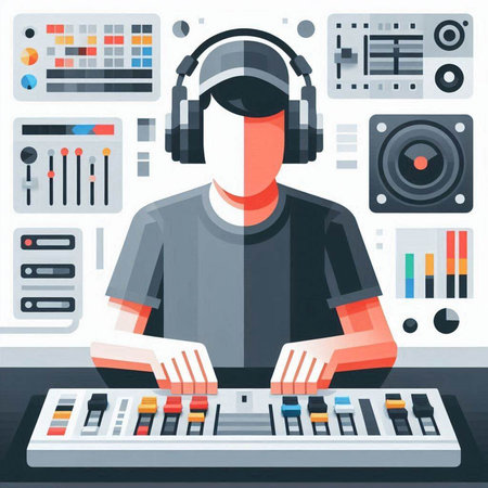Sound engineer working in studio. Vector illustration in flat design style.のイラスト素材