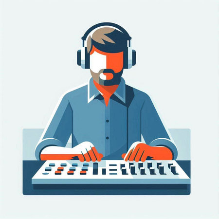 Vector illustration of a man in headphones playing music on the keyboard.のイラスト素材