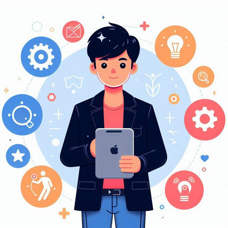 Young man with tablet and social media icons. Vector illustration in flat styleのイラスト素材