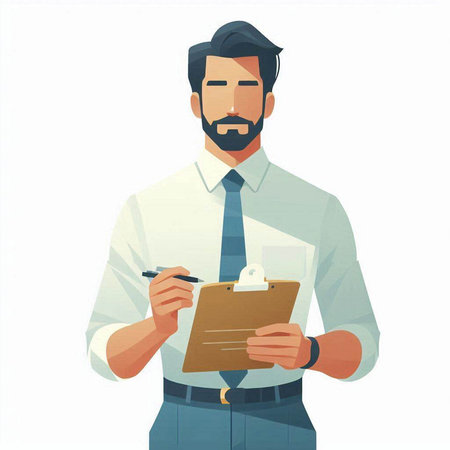 Businessman with clipboard and pen. Vector illustration in cartoon style.のイラスト素材