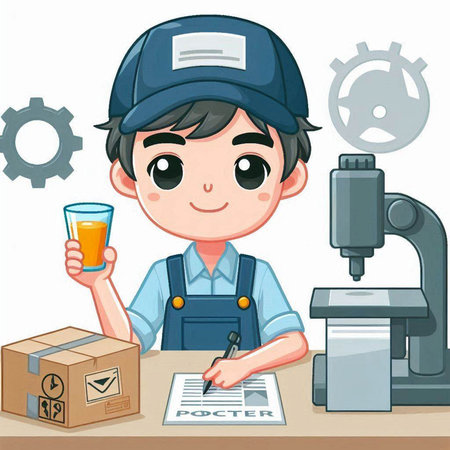 Worker with clipboard and a glass of juice. Vector illustration.のイラスト素材