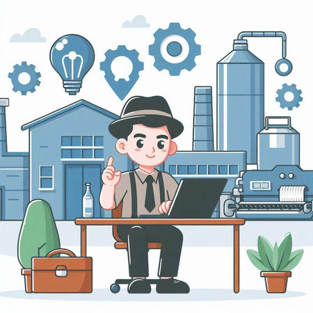 Businessman working at the office. Vector illustration in cartoon style.のイラスト素材