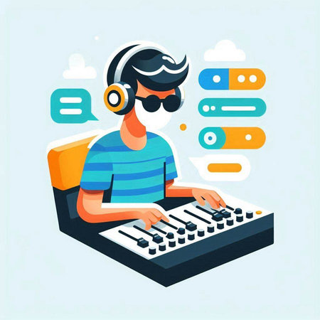 Man in headphones plays music on a synthesizer. Vector illustration.のイラスト素材