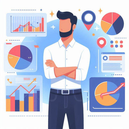 Businessman with arms crossed standing in front of infographics and charts vector illustrationのイラスト素材