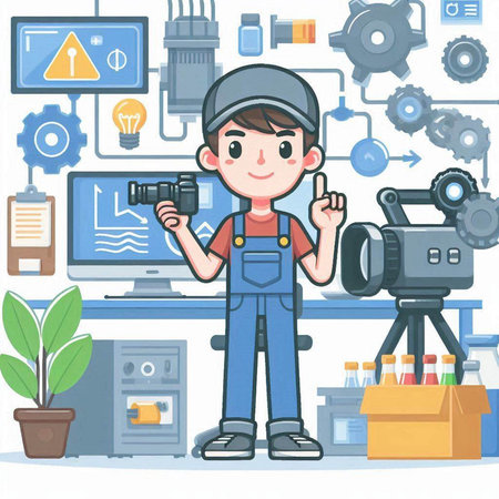 Repairman holding a camera in front of the camera. Vector illustration.のイラスト素材