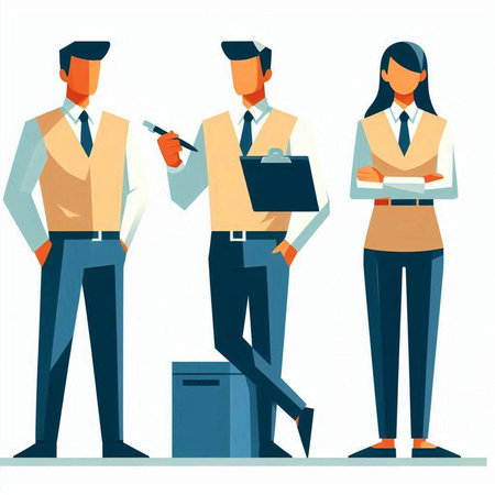 Vector illustration of business people in office. Businessman, businesswoman, man and woman standing together.のイラスト素材