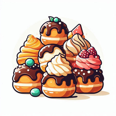 Illustration of a group of sweet pastries with cream and berries.のイラスト素材