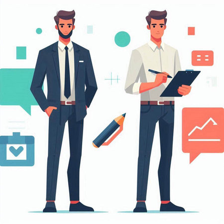 Man and woman in business suits with notebook and pencil. Vector illustrationのイラスト素材