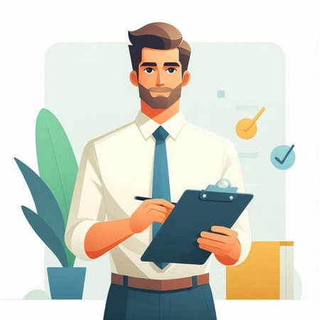 Businessman writing on clipboard in office. Vector illustration in cartoon styleのイラスト素材