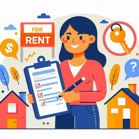 Real estate agent with clipboard and keys, flat vector illustration. Female real estate agent holding clipboard with checklist. Real estate business concept.のイラスト素材