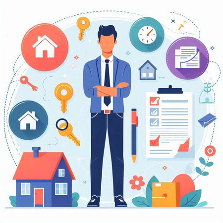 Real estate agent. Vector illustration in flat style. Businessman with house, keys, documents and icons.のイラスト素材