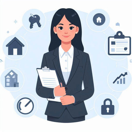 Real estate agent. Young woman in a suit. Vector illustration.のイラスト素材