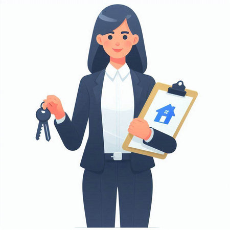Real estate agent holding keys and clipboard. Vector illustration in cartoon styleのイラスト素材