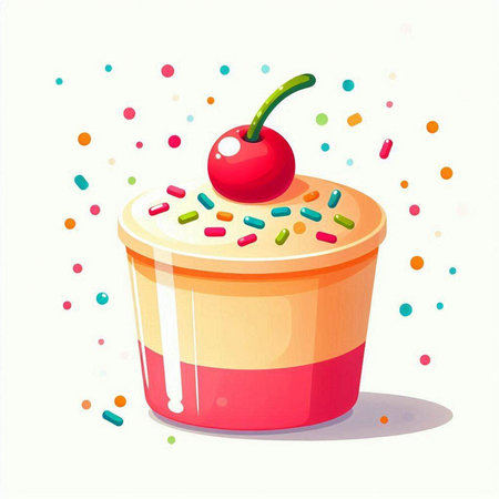 Cupcake with cherry and colorful sprinkles. Vector illustration.のイラスト素材