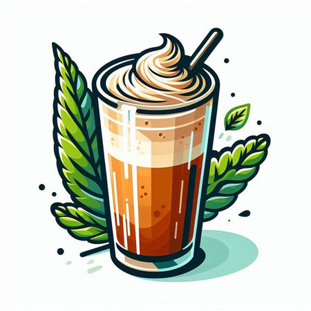 Iced coffee in glass with whipped cream and green leaves. Vector illustration.のイラスト素材