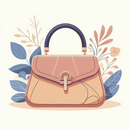 Vector illustration of a woman's leather handbag with floral background.のイラスト素材