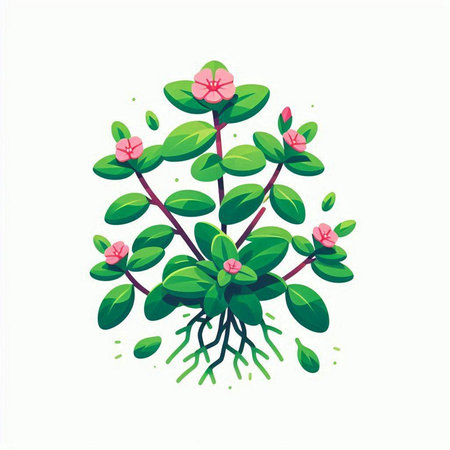 Cute green plant with pink flowers and roots. Vector illustration.のイラスト素材