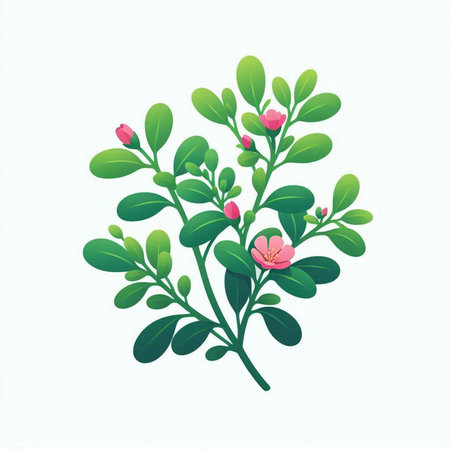 Branch with green leaves and pink flowers isolated on white background. Vector illustration.のイラスト素材
