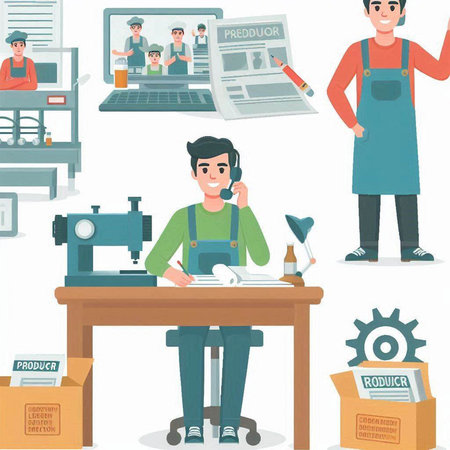 Vector illustration of a man working at a sewing machine. Man in apron sitting at the table and talking on the phone.のイラスト素材