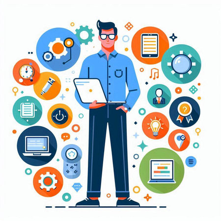 Flat design modern vector illustration concept of software developer, programmer, designer, programmer, web designer, programming and coding.のイラスト素材