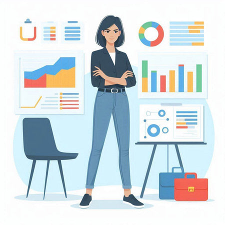 Businesswoman standing in front of flipchart. Vector illustration in flat styleのイラスト素材