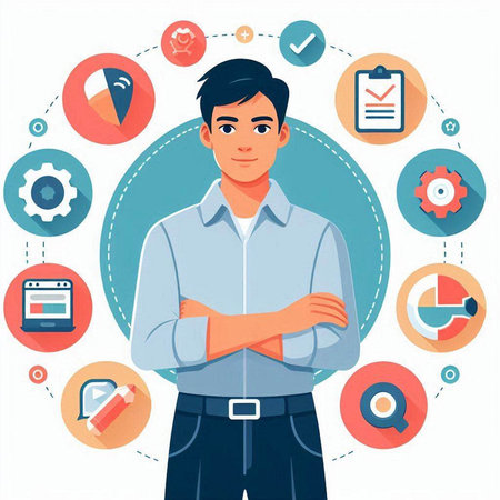 Vector illustration of young man in casual clothes standing with crossed arms on white background with business icons.のイラスト素材