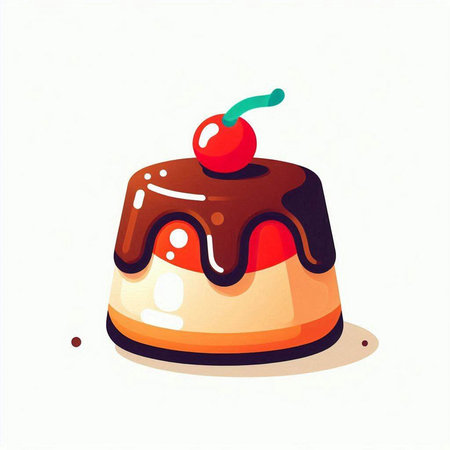 Illustration of a chocolate pudding with cherry on a white background.のイラスト素材